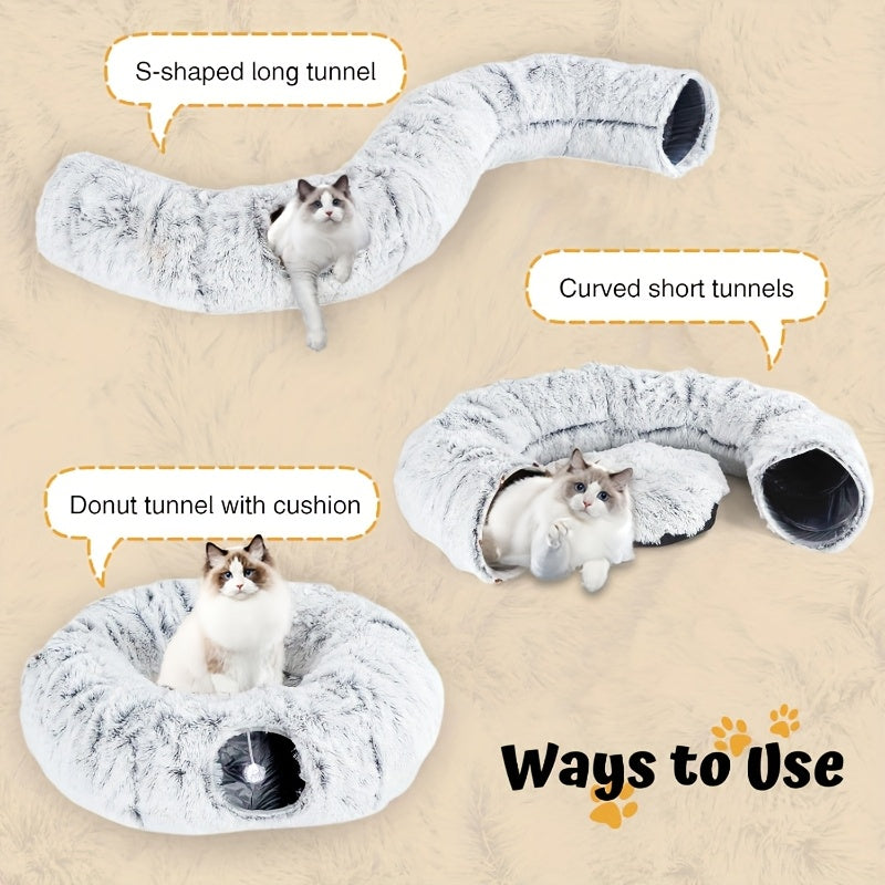 Cat Tunnel Bed with Center Washable Cushion - Large Cat Tunnel Tubular Toy, 3 Shapes for Indoor Cats, Kittens, Puppies, Ferrets Play, Round Plush Cat Bed with Tunnel - Gray