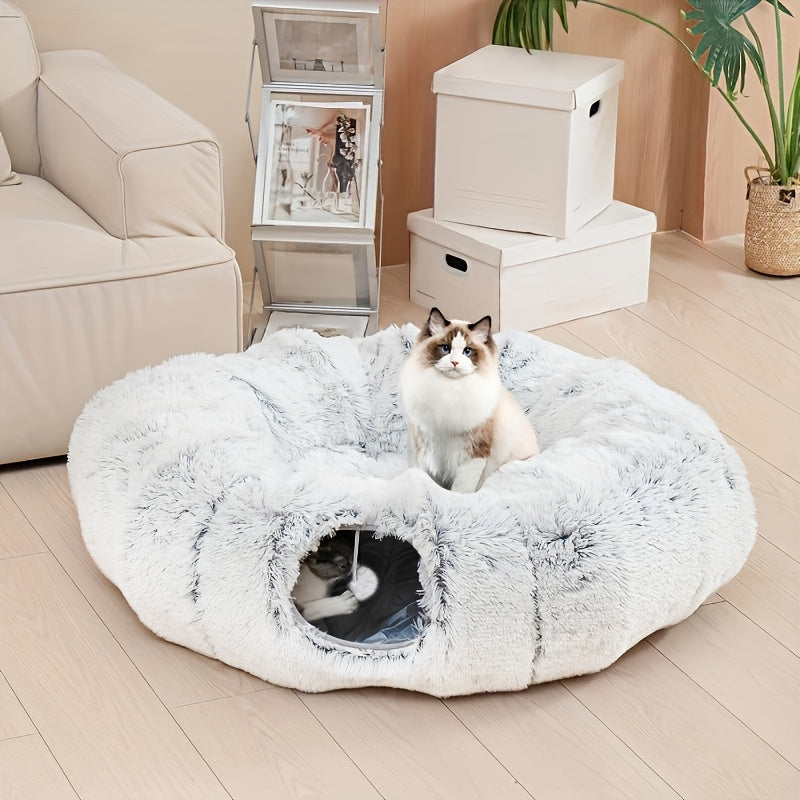 Cat Tunnel Bed with Center Washable Cushion - Large Cat Tunnel Tubular Toy, 3 Shapes for Indoor Cats, Kittens, Puppies, Ferrets Play, Round Plush Cat Bed with Tunnel - Gray