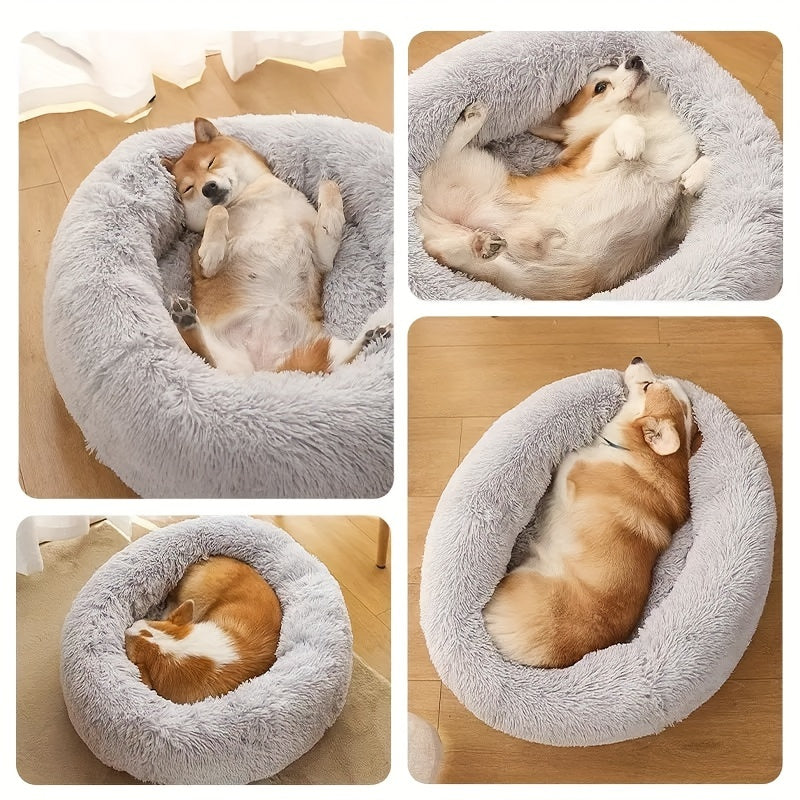 1pc Cozy Donut Cuddler Bed - Soft, Fluffy, Faux Fur, Warming, Plush Cushion for Small, Medium, Large Dogs And Cats - Multiple Sizes (15"/19"/23"/27"/31") for Ultimate Comfort And Relaxation, Dog Mats for Sleeping