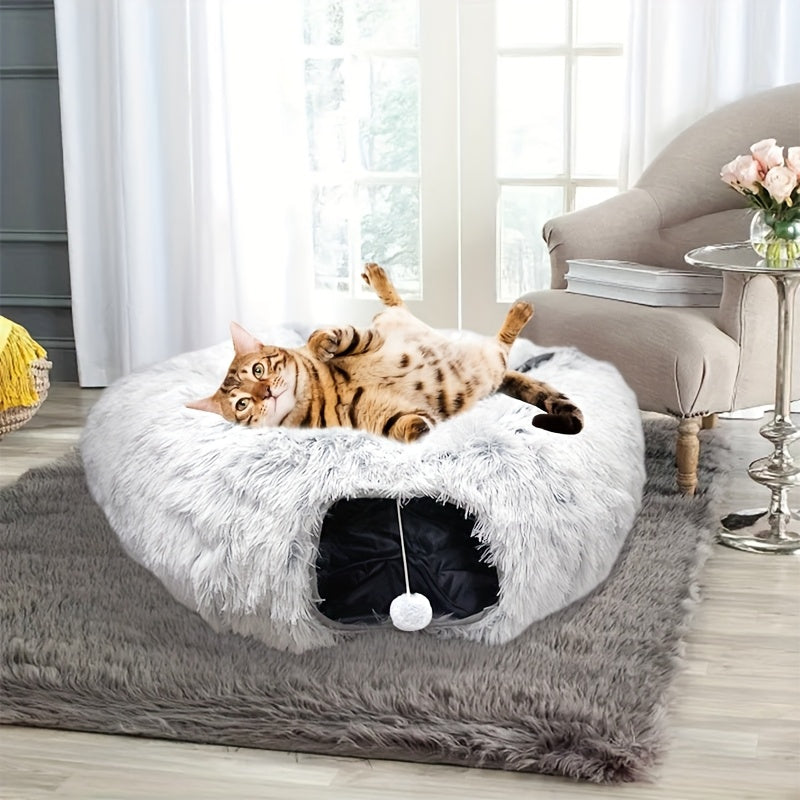 Cat Tunnel Bed with Center Washable Cushion - Large Cat Tunnel Tubular Toy, 3 Shapes for Indoor Cats, Kittens, Puppies, Ferrets Play, Round Plush Cat Bed with Tunnel - Gray