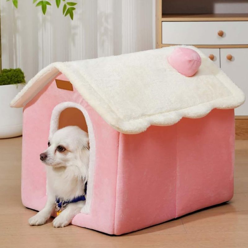 Foldable Dog House with Memory Foam Mattress - Pink & White, Cozy Winter Warmth for Small to Large Dogs & Cats, Indoor Pet Bed with Plush Cushion, Easy Assembly, Polyester Material, Pet Bedding | Cozy Pet House | Durable Pet Bed, Dog Bed