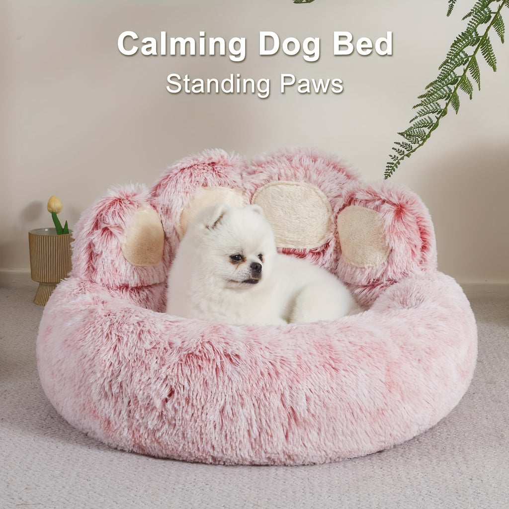 Upgraded Donut Dog Bed with Standing Paw - Plush Pink Pet Bed, Non-Slip Base, for Small/Medium Dogs & Cats - Cozy Cushioned Bed for Joint Support & Posture - Ideal for Poodles, Chihuahuas, Shih Tzus - Easy-Clean Indoor/Outdoor Use, Stylish Pet Furniture,