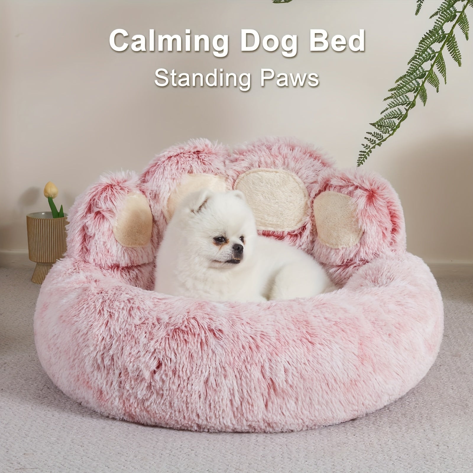 Upgraded Donut Dog Bed with Standing Paw - Plush Pink Pet Bed, Non-Slip Base, for Small/Medium Dogs & Cats - Cozy Cushioned Bed for Joint Support & Posture - Ideal for Poodles, Chihuahuas, Shih Tzus - Easy-Clean Indoor/Outdoor Use, Stylish Pet Furniture,