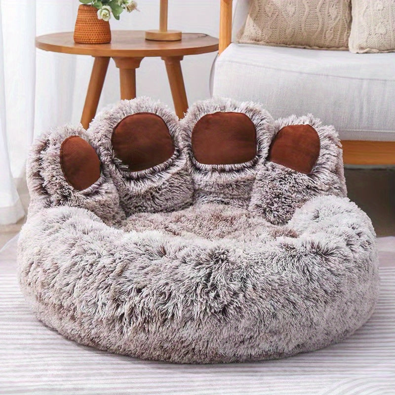 [Cozy | Plush] Soft Faux Fur Cozy Plush Paw-Shaped Pet Bed | Non-Slip Bottom, Warm and Comfortable Gray Round Sofa Bed | for Small to Medium Dogs and Cats, Winter Snuggling, Small Dog Bed