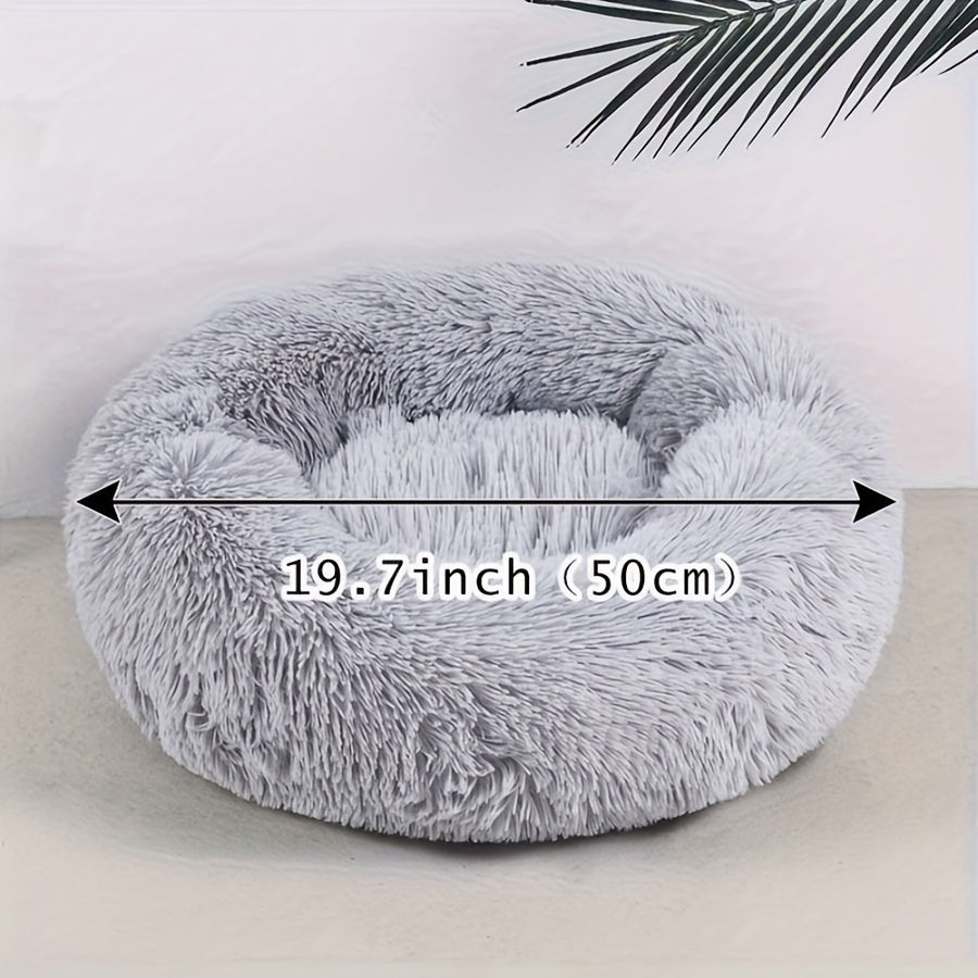 [Cozy Pet Bed for Cats & Dogs] Cozy Gray Striped Plush Pet Bed - A Warm, Deep-Sleep Round Nest with Filling for Cats and Small Dogs