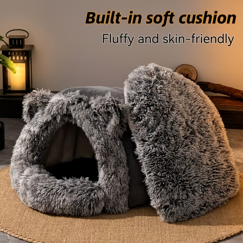 1pc Winter Warm Fleece Cat Cave, Polyester Fiber Plush Pet Bed, Cozy Indoor Hideaway for Small to Medium Cats and Dogs, Windproof 360° Thermal Comfort, Non-Assembled Cat House
