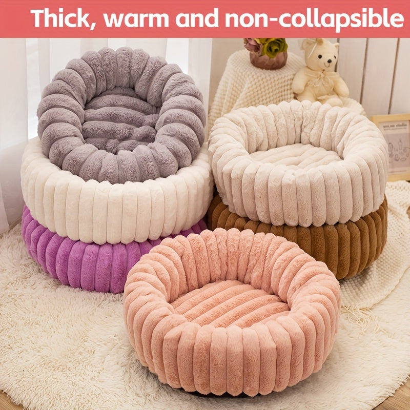 1Psc Circular Plush Pet Bed, High-Density Polypropylene, Striped Design, Warm Winter Dog Bed, Suitable for Super Small to Large Dogs, Comfortable Circular Cat Bed