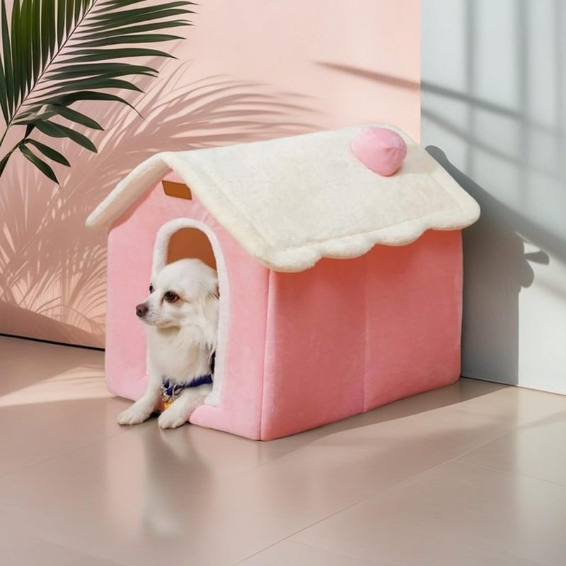 Foldable Dog House with Memory Foam Mattress - Pink & White, Cozy Winter Warmth for Small to Large Dogs & Cats, Indoor Pet Bed with Plush Cushion, Easy Assembly, Polyester Material, Pet Bedding | Cozy Pet House | Durable Pet Bed, Dog Bed