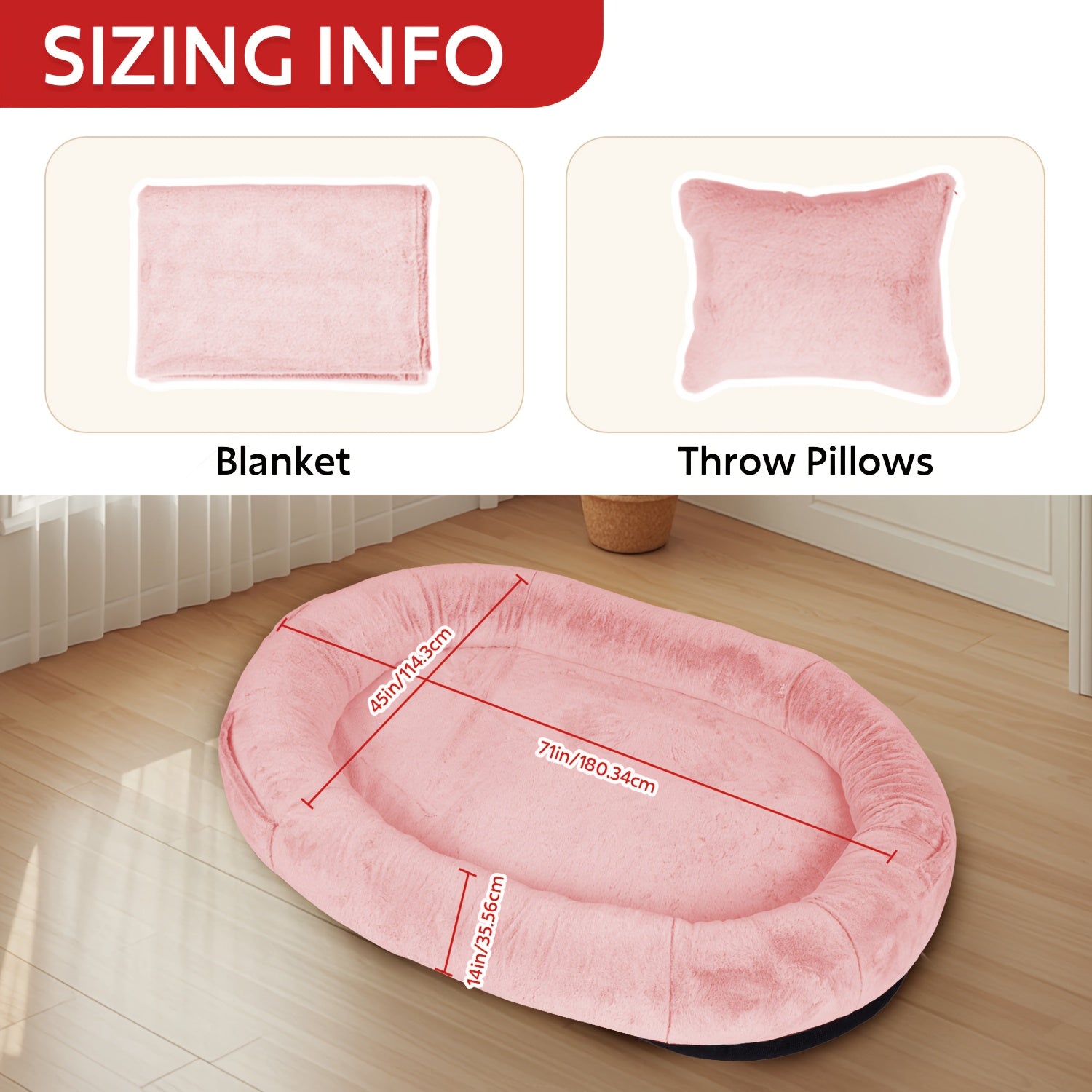 71" Large Orthopedic Dog Bed for Humans & Pets Plush Washable Faux Fur with Pillow & Blanket, Non-Slip Bottom for Dogs/Cats, Grey Luxury Pet Sofa, Small Dog Bed, Dog Sleeping Spot, Cat Lounger, Stylish Pet Accessory, Cozy Pet Sofa, Washable Fabric,