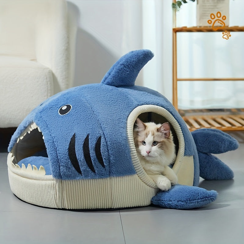 [Cozy Shark Pet Bed] Soft Modern Shark-Shaped Pet Bed - Cozy Thick Plush Winter Den for Cats & Small Dogs | Non-Assembled Durable Polyester with Paw Print Design, Soft Cushioned Interior for Indoor Pets