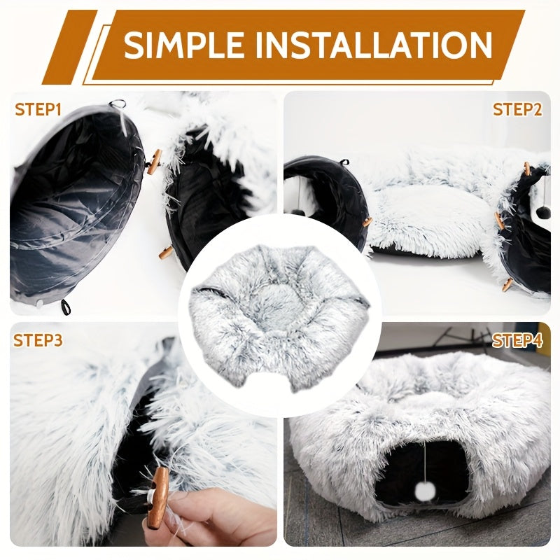 Cat Tunnel Bed with Center Washable Cushion - Large Cat Tunnel Tubular Toy, 3 Shapes for Indoor Cats, Kittens, Puppies, Ferrets Play, Round Plush Cat Bed with Tunnel - Gray
